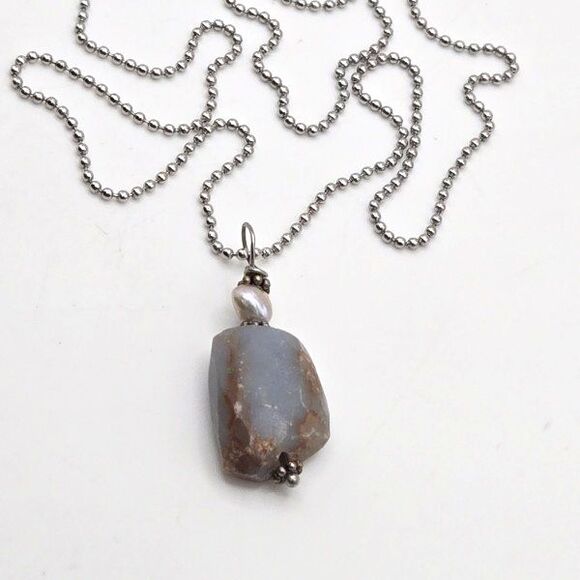 Raw Blue Chalcedony & Pearl Pendant Necklace Boho Natural Stone Ball Chain - Picture 4 of 6
